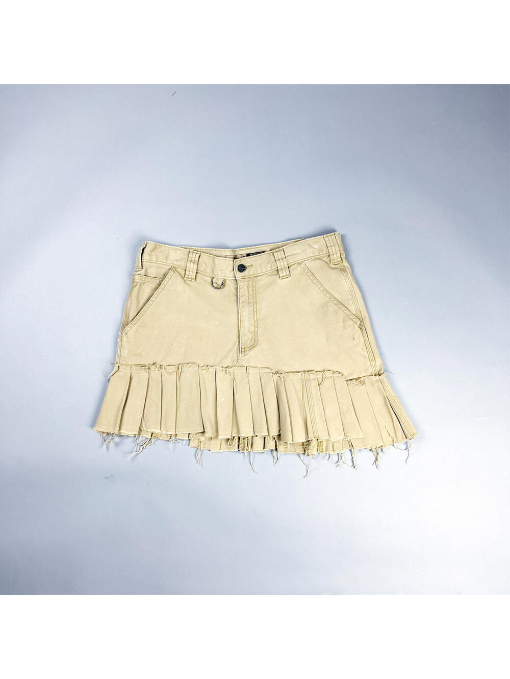 Asymmetric Pleated Mini Skirt with Raw Hem, Reworked Beige Carhartt Pants